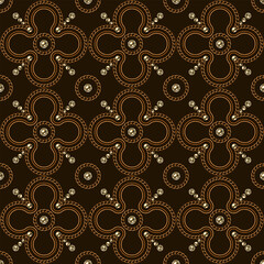 Victorian jewelry seamless pattern with golden chains, beads. Flower motif in classic grid composition. Detailed low contrast illustration in luxury vintage style.