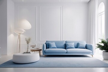 White minimal living room, everything in the room is white, white walls, flushed white doors, white ceiling, highlighting the scene with colorful minimal sofa, white interior lighting.