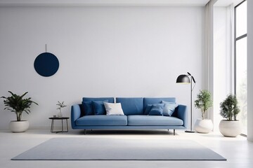 White minimal living room, everything in the room is white, white walls, flushed white doors, white ceiling, highlighting the scene with colorful minimal sofa, white interior lighting.