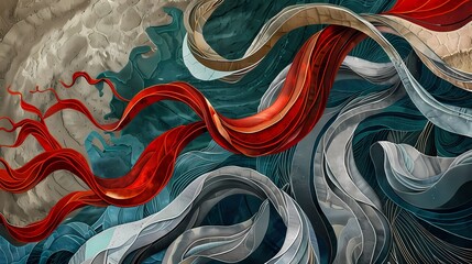 Rustic red tendrils weaving through a mesmerizing tapestry of oceanic teal and slate gray. - obrazy, fototapety, plakaty