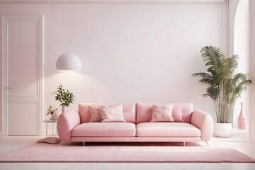 White minimal living room, everything in the room is white, white walls, flushed white doors, white ceiling, highlighting the scene with colorful minimal sofa, white interior lighting.