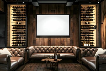 Obraz premium Frame & poster mockup in with Sophisticated wine lounge with leather seating style interior