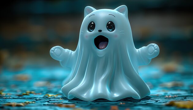 3d illustration cute cartoon white ghost cat floating in the air on blue background