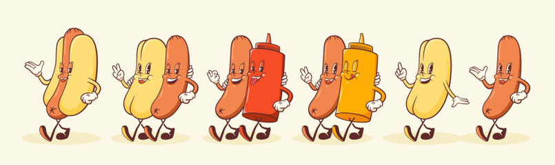 Groovy Hotdog Retro Character Illustrations Set. Cartoon Sausage, Bun and Ketchup Bottle Walking Smiling Vector Food Mascot Template. Happy Vintage Cool Fast Food Rubberhose Style Drawing Isolated