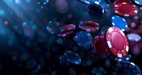 poker chips on a dark background. Showcase of poker elements for online casino banner design