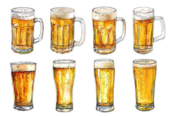 glass of beer illustration hand drawing watercolor isolated on a transparent background, Generative AI