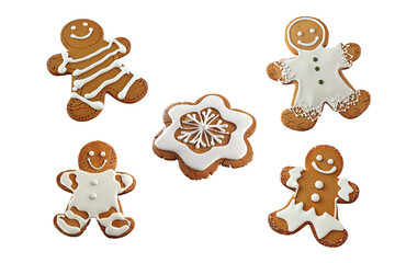 Christmas gingerbread cookies with icing separated in transparent background, generative AI