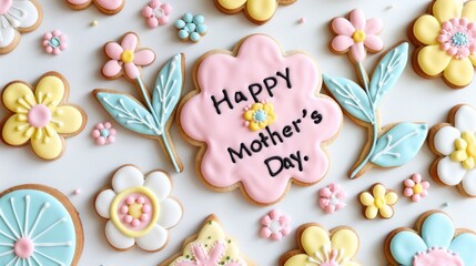 A bunch of decorated cookies that say happy mother's day - obrazy, fototapety, plakaty
