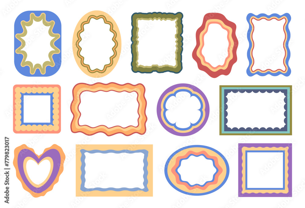 Aufkleber Doodle colorful frames with wavy borders and decorative elements. Vector isolated square shape and circle, oval and rectangle. Empty and blank templates for picture or photo album design
