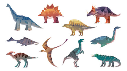 Extinct animals from prehistoric period, isolated set of dinosaurs. Vector dino triceratops and stegosaurus, jurrasic creatures and species with wings, fins and claws. Marine and land wild reptile