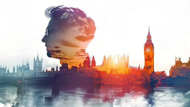 man silhouette is shown in front of a city skyline, with the London Big Ben clock tower in the background. The image has a dreamy, ethereal quality, with the male face