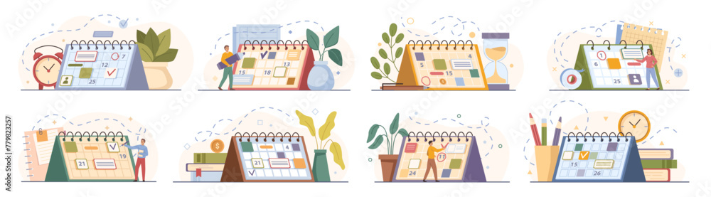 Poster Calendars and planning organizers for scheduling work and seeing agenda. Vector isolated people setting deadlines and putting memos, projects and tasks prioritizing and dates management