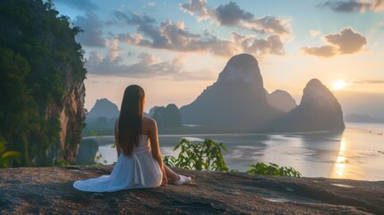 Woman in white dress sitting looking at the panorama and looking at the mountain in the morning .AI generated image - obrazy, fototapety, plakaty