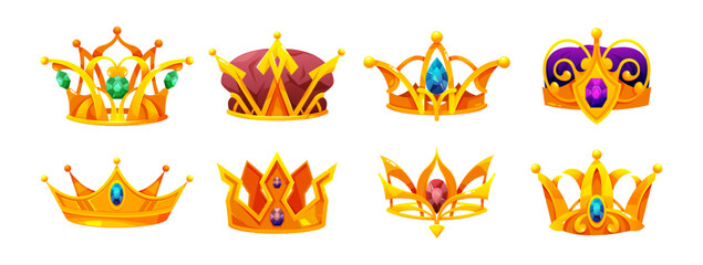 King or queen, prince or princess crowns and diadems made of gold and precious stones and gems. Vector isolated set of medieval jewelry, symbol of monarchy and power, authority and nobility
