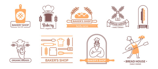 Organic bread and pastry in bakery shop, family owner business. Vector isolated set of logotypes with mill house, wheat ear and ribbons with copy space. Baker and rolling pin, kitchen equipment