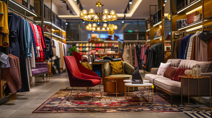 "Luxurious Fashion Lounge"
An opulent fashion store lounge area with plush seating, an ornate rug, and a chic array of clothing on display under a contemporary chandelier.