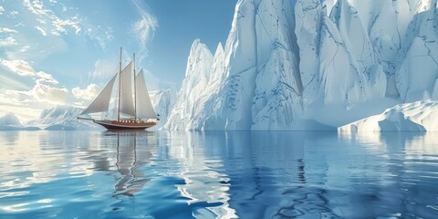 A sailboat is sailing in the ocean near a mountain range. The scene is serene and peaceful, with the boat reflecting on the water's surface. Concept of adventure and exploration - obrazy, fototapety, plakaty