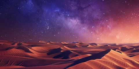 Foto op Plexiglas anti-reflex A desert landscape with a sky full of stars and a purple moon. The scene is peaceful and serene, with the vast desert landscape providing a sense of solitude © kiimoshi