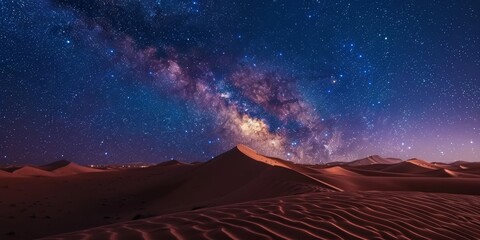 A desert landscape with a large hill and a large body of stars in the sky. The stars are scattered throughout the sky, creating a sense of vastness and emptiness - obrazy, fototapety, plakaty