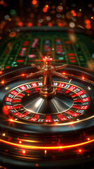 A close up of a roulette wheel with a gold and red ball on top