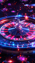 A colorful, neon casino scene with a roulette wheel in the center - 779823484