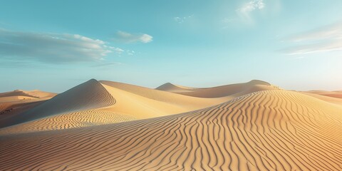 A desert landscape with a blue sky in the background. The sky is clear and the sun is shining brightly. The sand dunes are tall and the landscape is vast - obrazy, fototapety, plakaty