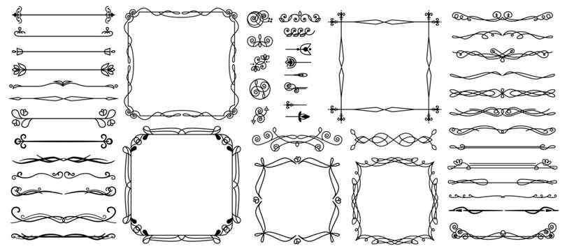 Vintage and retro empty frames with swirls and decorative ornament shapes. Vector corners and edges design, blank borders with copy space. Banner or logotype template for social media design