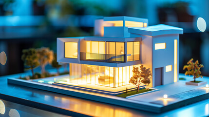 Modellhaus von Architekten als Muster für Bauvorhaben, KI generiert - obrazy, fototapety, plakaty
