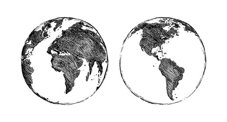 Globe sketch. Hand drawn earth planet with continents and oceans. Doodle world map illustration. Planet and world sketch map with ocean and land. © Very Well Studio