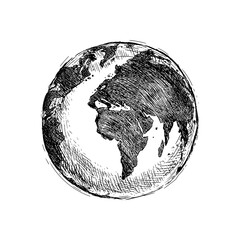 Globe sketch. Hand drawn earth planet with continents and oceans. Doodle world map illustration. Planet and world sketch map with ocean and land.