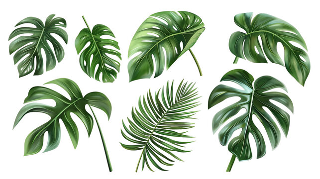 Exotic plants collection featuring palm leaves and monstera, isolated on white. Watercolor vector illustrations perfect for botanical designs, top view flat lay, vibrant digital art with transparent b