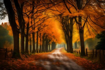 A country lane bordered by trees, their branches alive with the colors of fall. - obrazy, fototapety, plakaty