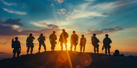 A group of soldiers stand on a hillside, looking out over the horizon. The sun is setting, casting a warm glow over the scene. The soldiers are all wearing camouflage uniforms - obrazy, fototapety, plakaty