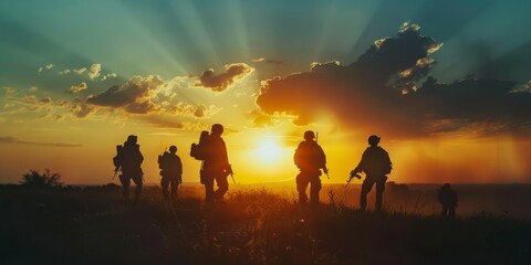 A group of soldiers are walking in a field at sunset. Scene is peaceful and serene, as the soldiers are surrounded by nature and the sun is setting in the background