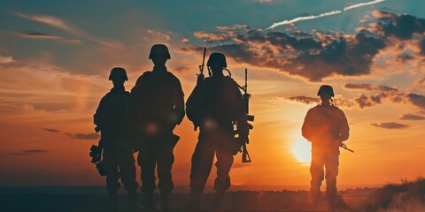 A group of soldiers stand in a field at sunset. Scene is solemn and reflective, as the soldiers are silhouetted against the orange sky - obrazy, fototapety, plakaty