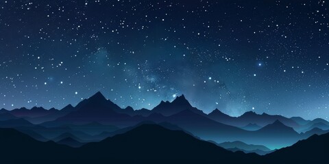 A mountain range with a dark sky and stars. The mountains are covered in trees and the sky is filled with stars