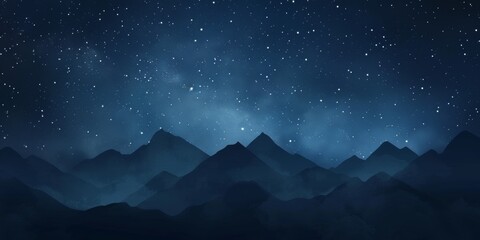A mountain range is shown in the night sky with a large number of stars. The mountains are covered in a thick layer of fog, giving the scene a mysterious and serene atmosphere - obrazy, fototapety, plakaty
