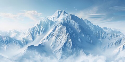 A mountain range covered in snow with a clear blue sky in the background. The mountains are tall and majestic, creating a sense of awe and wonder