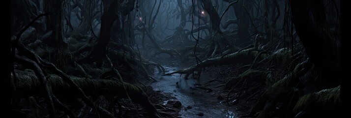 Explore the enigmatic allure of a somber forest enveloped in an eerie darkness, where silence hangs heavy and mystery lingers in the air.