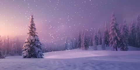 A snowy landscape with a few trees and a snow-covered field. The sky is a mix of purple and blue, creating a serene and peaceful atmosphere