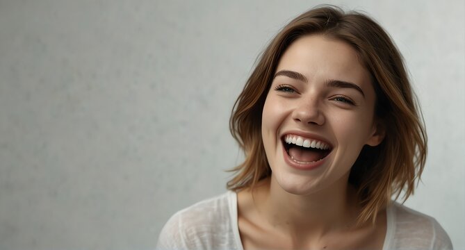 young white woman on plain bright white background laughing hysterically looking at camera background banner template ad marketing concept from Generative AI