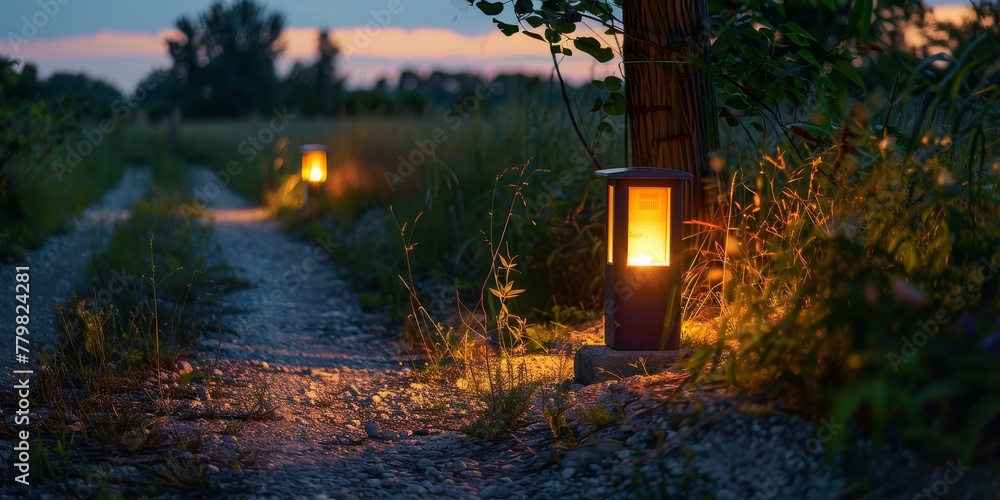 Poster a path is lit up by two lanterns