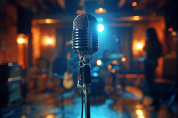 Professional microphone studio podcast stream interview platform radio with micrecording voice singing in bright record studio audio quality equipment content music media entertainment