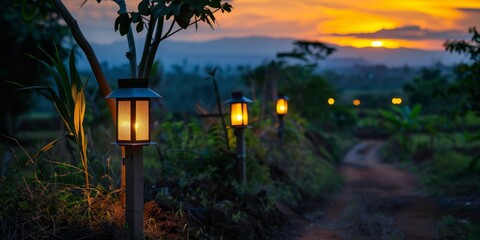 A path is lit by three lanterns, with the sun setting in the background. The scene is peaceful and serene, with the warm glow of the lanterns creating a calming atmosphere