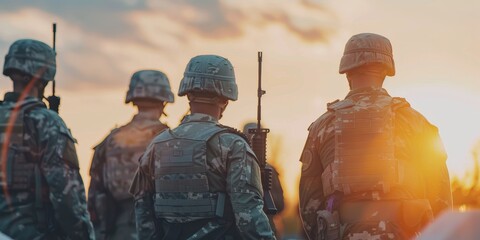Four soldiers stand in a line, each holding a rifle. The sun is setting in the background, casting a warm glow over the scene. The soldiers appear to be on a mission - obrazy, fototapety, plakaty