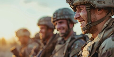 A group of soldiers are smiling and posing for a picture. Scene is happy and positive, as the soldiers are enjoying their time together - obrazy, fototapety, plakaty