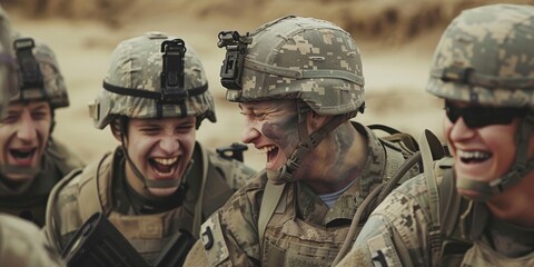 Fototapeta premium A group of soldiers are laughing and smiling, enjoying each other's company. Scene is lighthearted and friendly, as the soldiers are bonding and sharing a moment of camaraderie