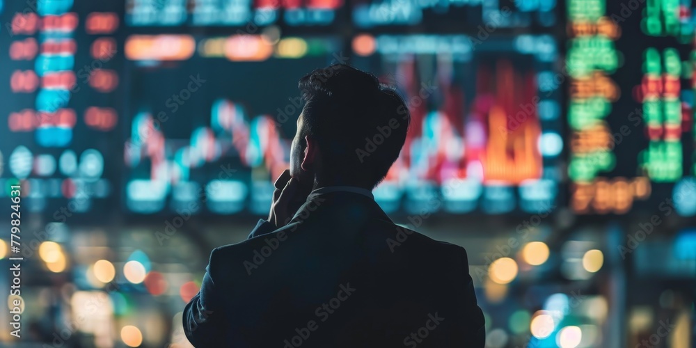 Poster a man is talking on his cell phone while standing in front of a large screen with many numbers and l