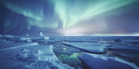 A beautiful, serene landscape of ice and water. The sky is filled with auroras, creating a sense of wonder and awe. The scene is peaceful and calming