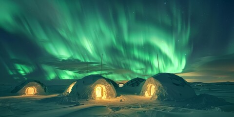 A group of igloos are lit up by the aurora borealis. The scene is serene and peaceful, with the glowing lights of the aurora creating a sense of wonder and awe. The igloos are small and cozy